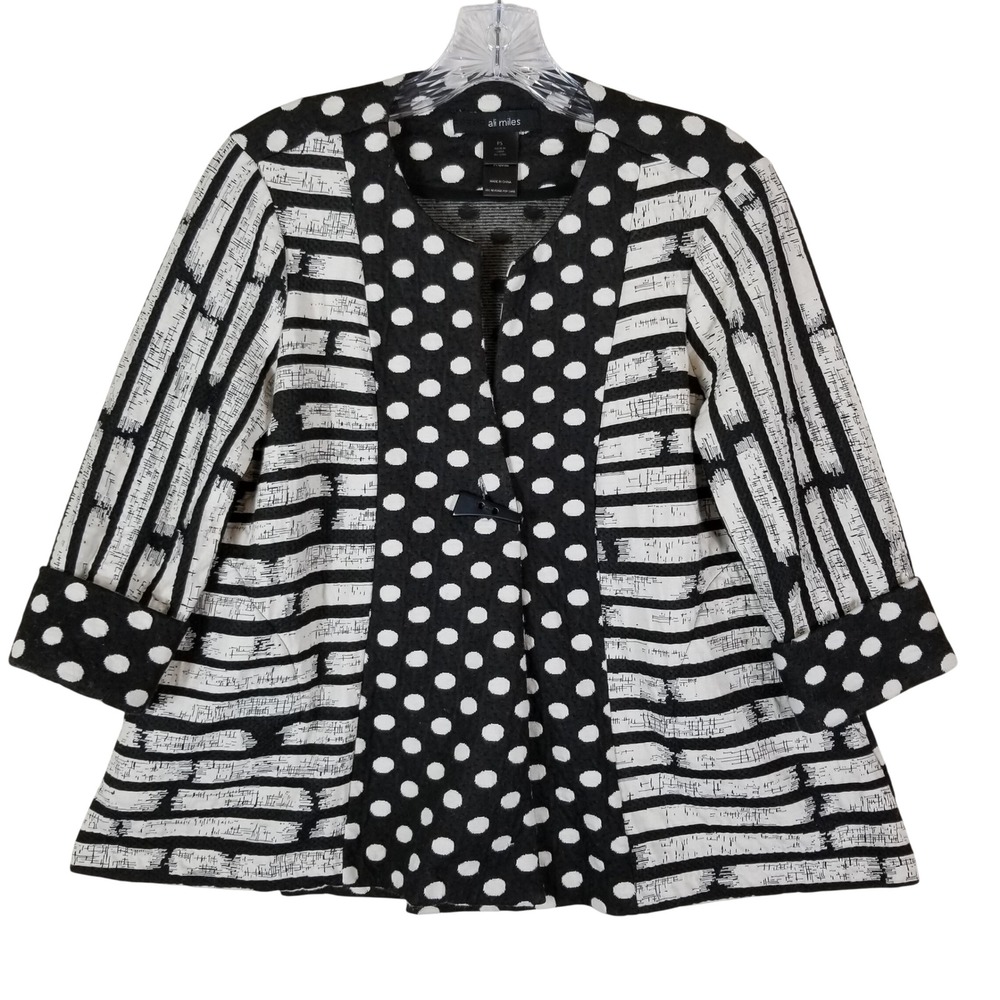 Ali Miles Jacket Womens PS Black White Polka Dot Striped Mixed‎ Print Open Front